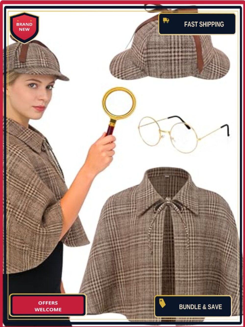 Adults Detective Costume 4pc Inverness Cape Deerstalker Hat Cosplay